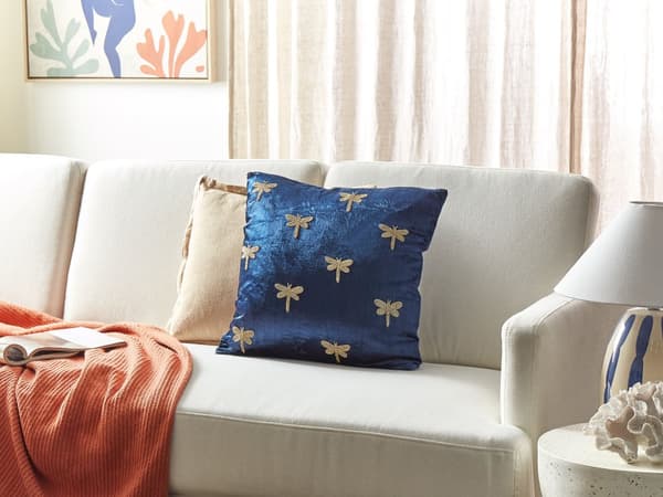 Dekorativ pude marineblå velour 45 x 45 cm dekorativt dyremønster guldsmedemotiv moderne stil traditionel til stue soveværelse