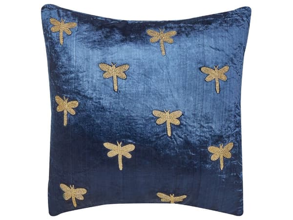 Dekorativ pude marineblå velour 45 x 45 cm dekorativt dyremønster guldsmedemotiv moderne stil traditionel til stue soveværelse
