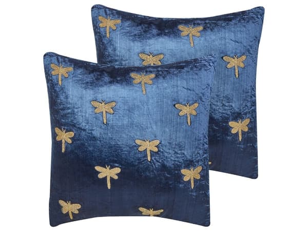 2 dekorative puder marineblå velour 45 x 45 cm dekorativt dyremønster guldsmedemotiv moderne stil traditionel til stue soveværelse