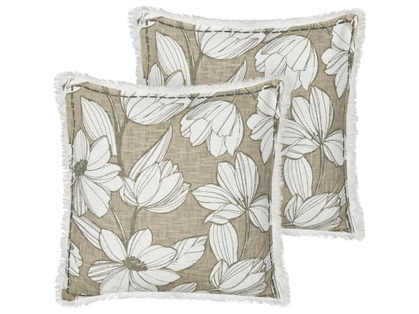 Sæt med 2 puder hvid og grøn bomuld 45 x 45 cm blomstermønster frynsede håndlavet aftageligt betræk med fyld Boho stil