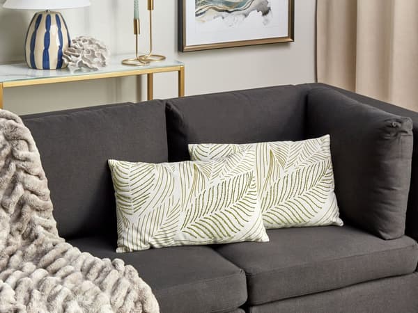 Pyntepude hvid/grøn 30 x 50 cm bomuld polyester 2 stk broderet bladmønster boho