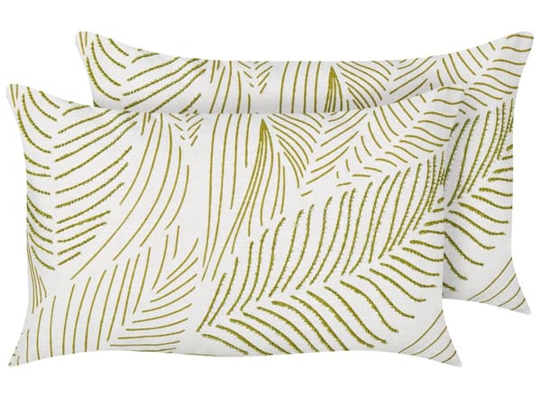 Pyntepude hvid/grøn 30 x 50 cm bomuld polyester 2 stk broderet bladmønster boho