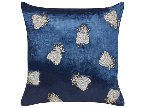 Pyntepude marineblå 45 x 45 cm fløjlsbroderet insektmønster boho-stil