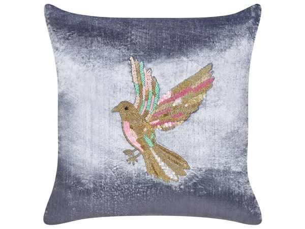 Dekorativ pude grå 45 x 45 cm fløjl 2 stk broderet fuglebillede boho-stil