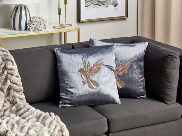 Dekorativ pude grå 45 x 45 cm fløjl 2 stk broderet fuglebillede boho-stil