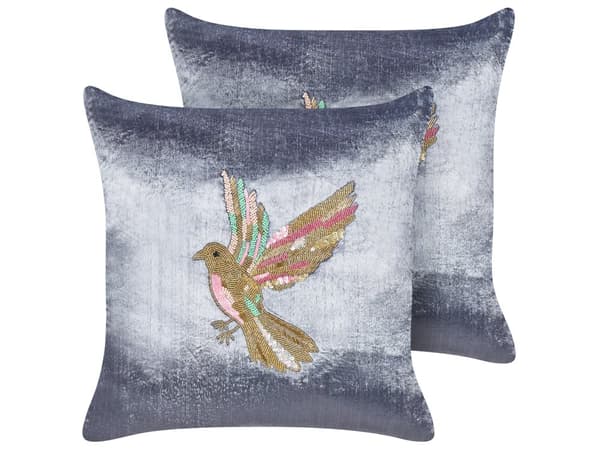 Dekorativ pude grå 45 x 45 cm fløjl 2 stk broderet fuglebillede boho-stil