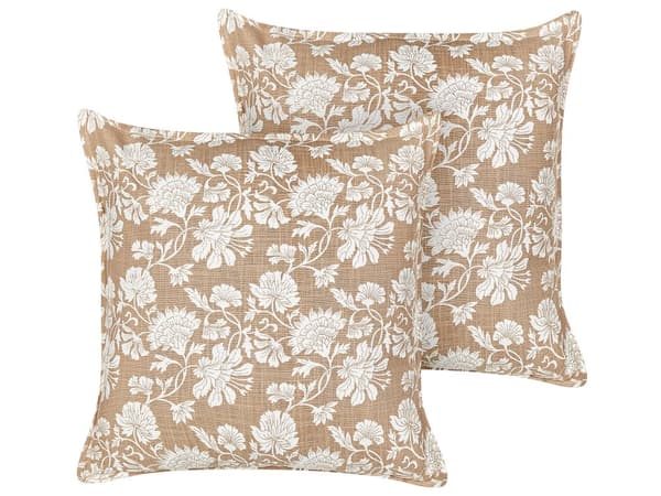Pyntepude beige hvid 45 x 45 cm bomuld 2 dele firkantet blomstermønster håndlavet boho