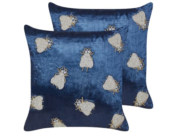 Pyntepude marineblå 45 x 45 cm fløjl 2 stk broderet insektmønster boho-stil