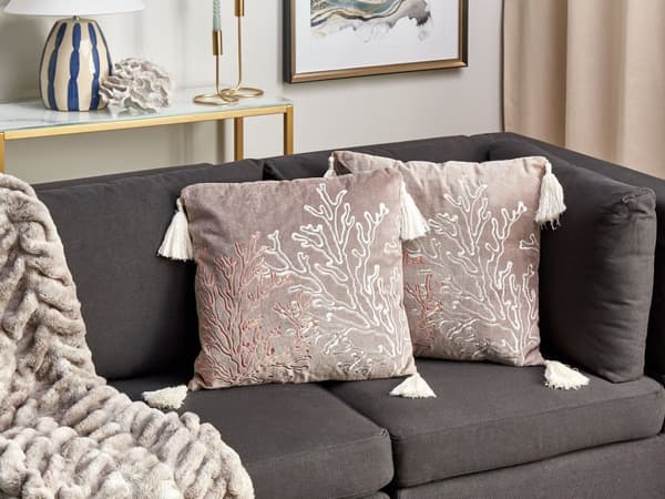 Pyntepuder Taupe Velour 45 x 45 cm Sæt af 2 Moderne Sofapuder med Koral Mønster Broderet Puder til Stuen og Sengen Dekoration Tilbehør