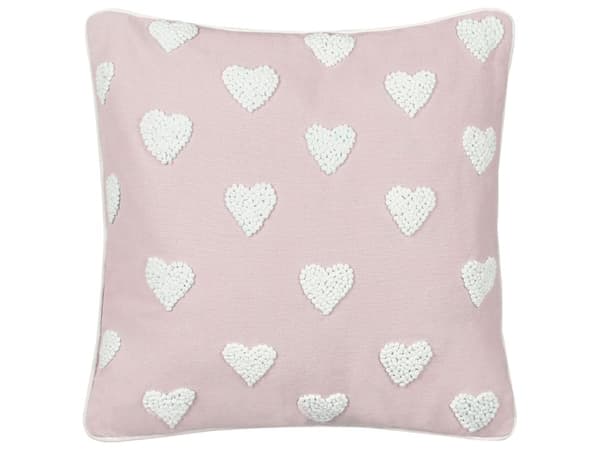 Pyntepude i pink bomuld 45 x 45 cm med broderet hjertemønster