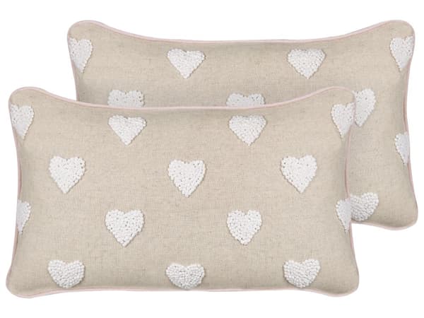 Pyntepude beige bomuld 30 x 50 cm 2 broderede hjerter i mønster