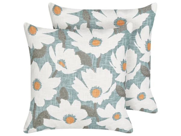 Sæt med 2 puder hvid og blå bomuld 45 x 45 cm blomstermønster frynsede håndlavet aftageligt betræk med fyld Boho stil