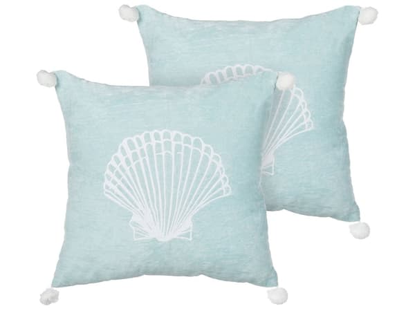 Pyntepude i blå fløjl 45 x 45 cm 2 dele med maritimt tema skalfyld af polyester