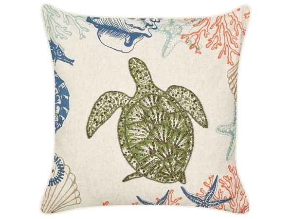 Dekorativ pude i beige hør 45 x 45 cm skildpadde-motiv med havtema firkantet polyesterfyld