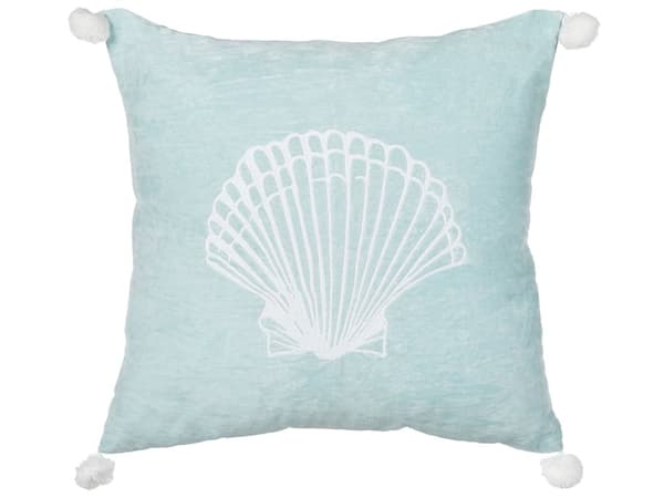 Pyntepude i blåt fløjl 45 x 45 cm med maritimt tema skalfyld af polyester