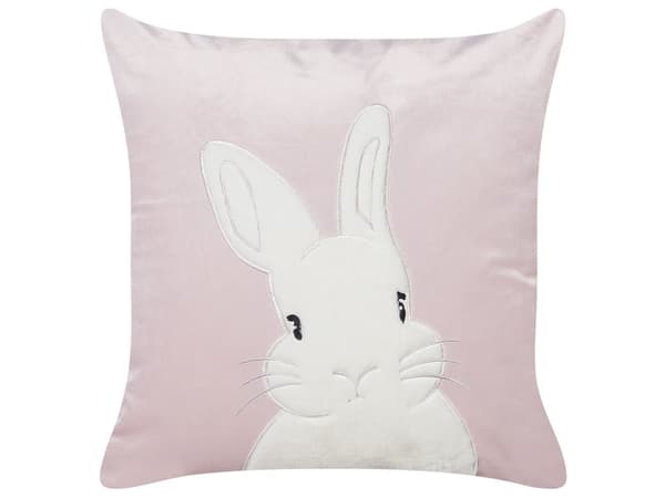 Sæt med 2 pyntepuder lyserød velour polyesterstof med kaninmønster 45 x 45 cm puder til børn