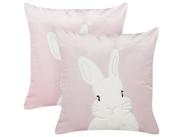 Sæt med 2 pyntepuder lyserød velour polyesterstof med kaninmønster 45 x 45 cm puder til børn