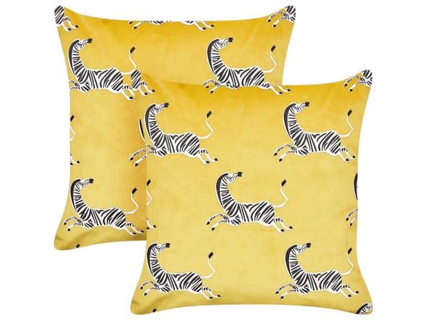 Sæt med 2 stk. pyntepuder i gul velour stof af polyester med dyremønster 45 x 45 cm til børneværelset