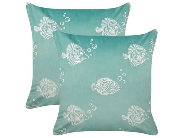 Sæt med 2 pyntepuder grøn velour polyesterstof med fiskemønster 45 x 45 cm Puder til børn