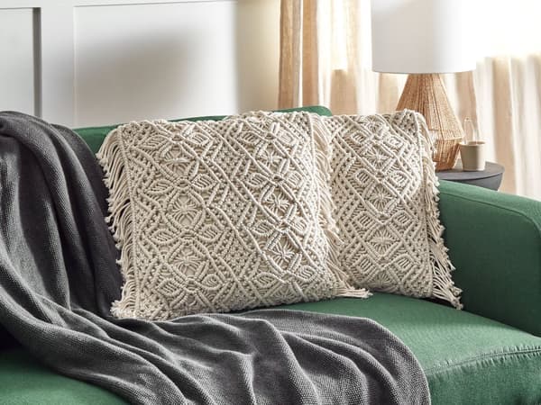 Koristetyyny beige puuvilla 45 x 45 cm 2 kpl setti makramee hapsut boho tyyli