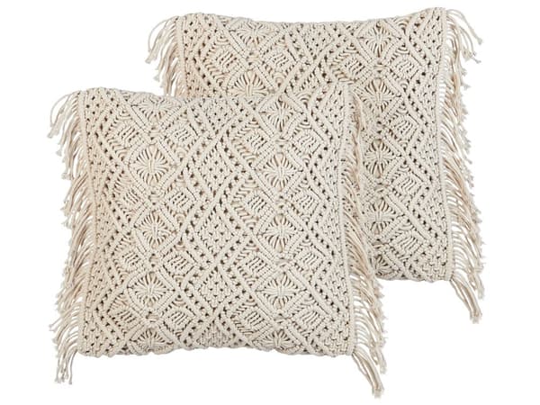 Koristetyyny beige puuvilla 45 x 45 cm 2 kpl setti makramee hapsut boho tyyli