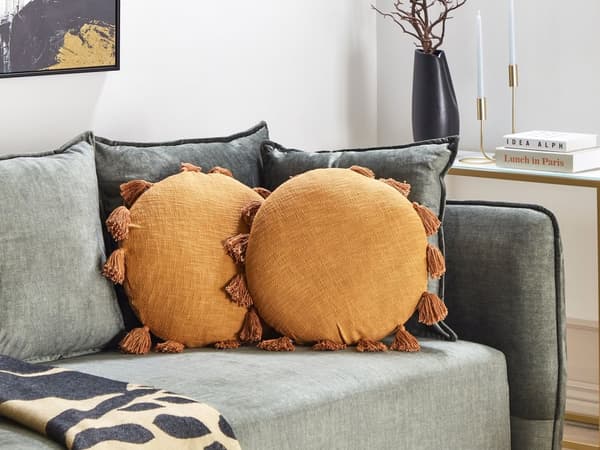 Pyntepude Orange Bomuld ø 45 cm Sæt af 2 Runde Sofapuder til Stuen Lækre Puder til Sofaen og Sengen Pude Design Bomuldspuder