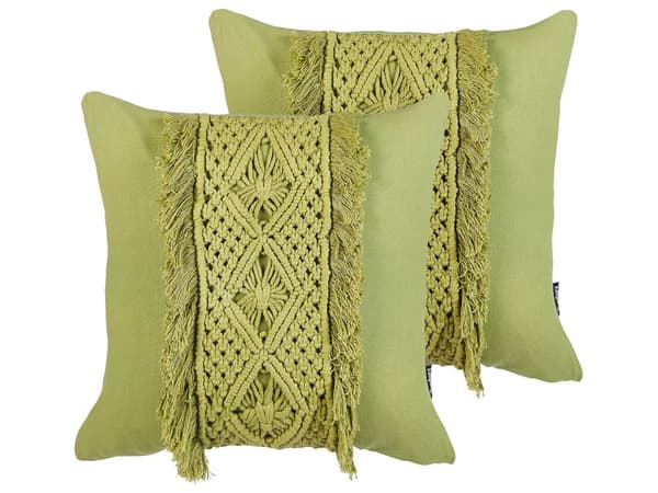 Sæt med 2 puder grøn makramé i bomuld 45 x 45 cm med kvaster Boho Retro Stil boligtilbehør