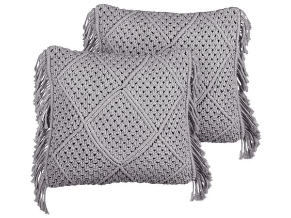 Sæt med 2 puder grå makramé i bomuld 45 x 45 cm med kvaster Boho Retro Stil boligtilbehør