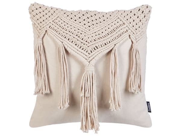 Sæt med 2 puder beige makramé i bomuld 45 x 45 cm med kvaster Boho Retro Stil boligtilbehør
