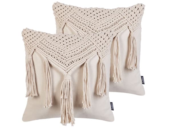 Sæt med 2 puder beige makramé i bomuld 45 x 45 cm med kvaster Boho Retro Stil boligtilbehør