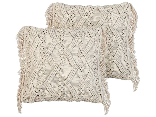 Koristetyyny vaalea beige puuvilla 45 x 45 cm käsintehty 2 kpl setti hapsut makramee neliö boho tyyli