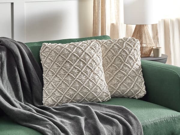 Koristetyyny vaalea beige puuvilla makramee 45 x 45 cm 2 kpl setti boho tyyli