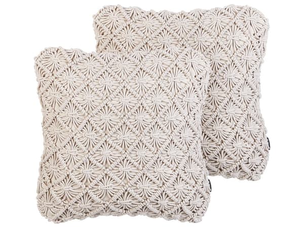 Koristetyyny vaalea beige puuvilla makramee 45 x 45 cm 2 kpl setti boho tyyli