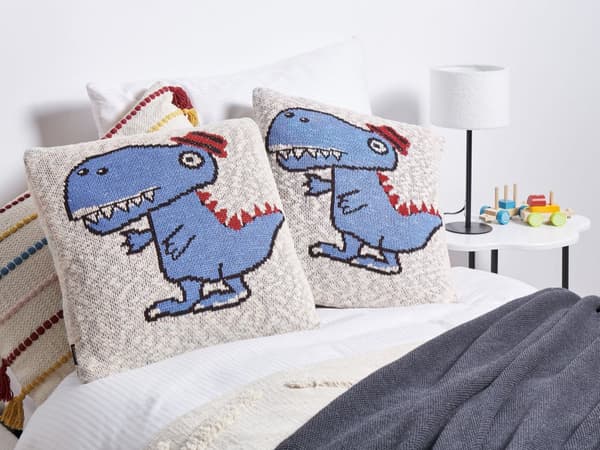 Koristetyyny beige/sininen puuvilla 45 x 45 cm 2 kpl setti dino kuva lastenhuone