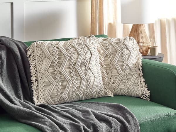 Pyntepude Beige Bomuld 45 x 45 cm Sæt af 2 Firkantede Sofapuder til Stuen Macrame Puder til Sofaen og Sengen Hæklet Pude med Frynser