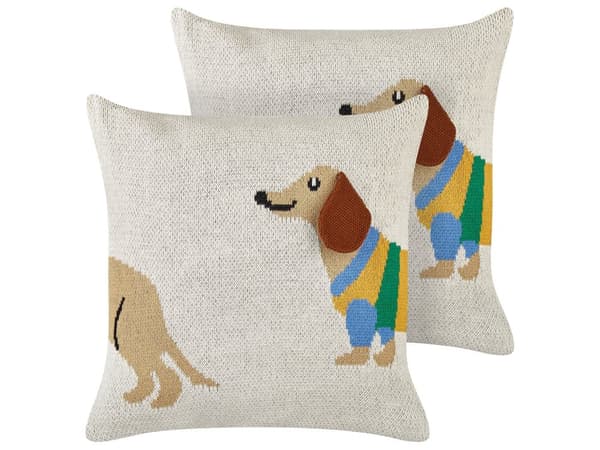Pyntepude Beige Bomuld 45 x 45 cm Sæt af 2 Firkantede Puder med Hunde til Børneværelset Børnepuder til Sengen