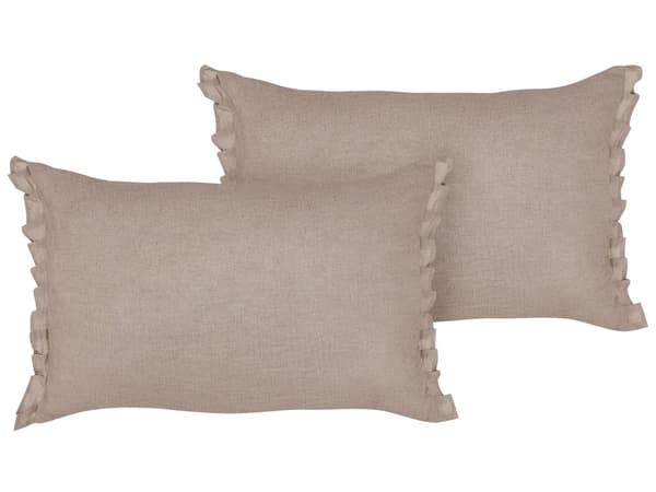 Sæt med 2 dekorative puder i lysebrun hør 30 x 45 cm med frynser og sløjfer Stue Værelse