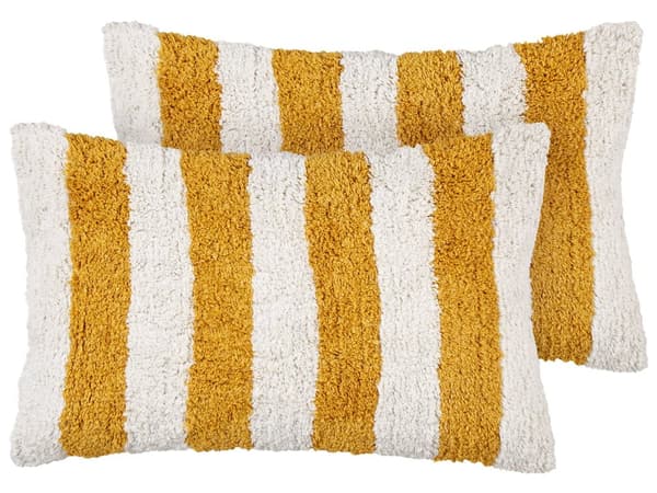 Dekorativ pude hvid gul 30 x 50 cm bomuld polyesterfyld 2 dele stribet tuftet moderne stil