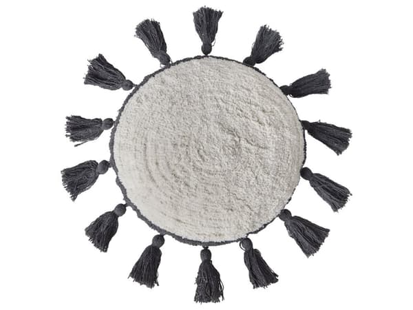 2 dekorative puder i off-white bomuld ⌀ 40 cm med mørkegrå kvaster stue opholdsrum