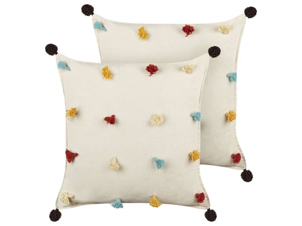 Koristetyyny vaalea beige puuvilla kangas 45 x 45 cm 2 kpl setti hapsut