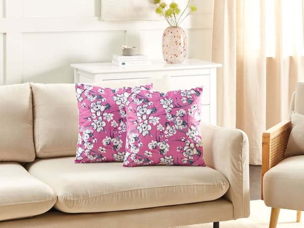 Sæt med dekorative puder i pink fløjl 45 x 45 cm med blomstermotiv, aftagelige betræk, firkantet, moderne indretningstilbehør