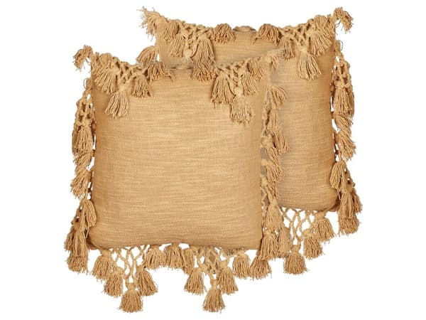 Koristetyyny hiekanbeige puuvilla kangas 45 x 45 cm 2 kpl neliö hapsut boho tyyli