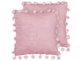 Miniatyrbillede 1 af 6: Sæt med 2 pyntepuder Pink Polyesterstof Ensfarvet mønster Håndlavede kvaster Pomponer 45 x 45 cm Boligtilbehør