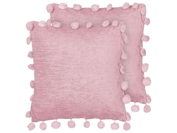 Sæt med 2 pyntepuder Pink Polyesterstof Ensfarvet mønster Håndlavede kvaster Pomponer 45 x 45 cm Boligtilbehør