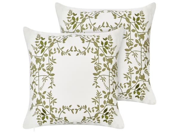Sæt med 2 pyntepuder i hvidt og grønt bomuldsstof 45 x 45 cm med blomstermønster Håndlavet tilbehør til boligindretning