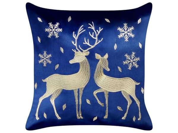 Sæt med 2 puder i blåt fløjlsstof med julemotiv og hjortemønster 45 x 45 cm Dekorativt tilbehør