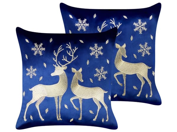 Sæt med 2 puder i blåt fløjlsstof med julemotiv og hjortemønster 45 x 45 cm Dekorativt tilbehør