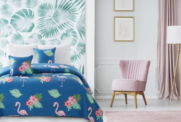 Dekorativt pudebetræk FLAMINGO 45x45 quiltet marineblå pink flamingoer