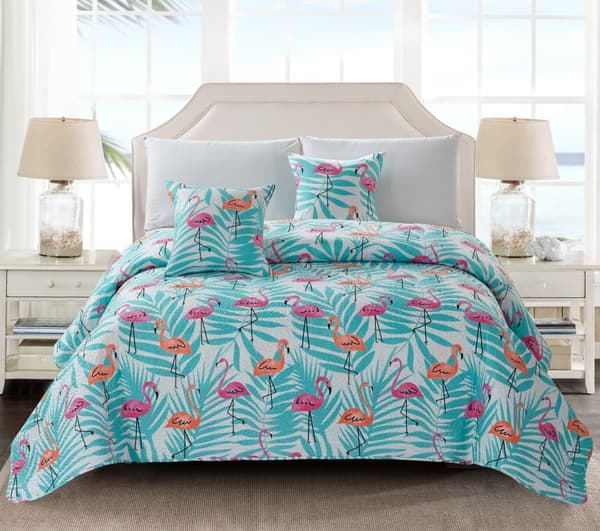 Dekorativt örngott FLAMINGOVE 45x45 quiltade vita mintbladsflamingos