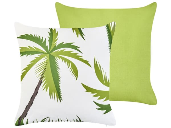 Sæt med 2 dekorative havehynder i grøn polyester med palme-motiv aftagelige vandtætte betræk